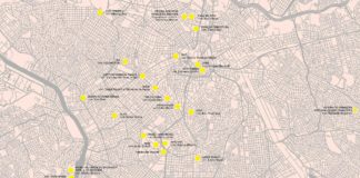 A imagem mostra a cidade de São Paulo mapeada com os pontos que simbolizam as instituições culturais participantes da 34ª Bienal de São Paulo