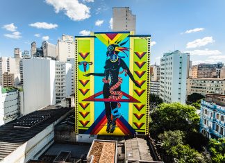 Mural em grafite, feito pela artista Criola, representa simbologias da cultura afro-brasileira