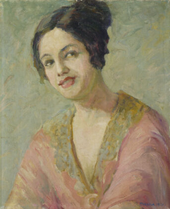 Tarsila do Amaral, "Autorretrato com vestido laranja", 1921, Óleo sobre tela, 50 x 41 cm. Col. Banco Central do Brasil (em comodato com o MASP)