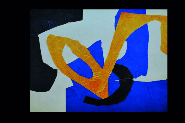 Colagem de Anna Bella Geiger feita em 1951, traz formas abstratas em preto, amarelo e azul sobre um fundo branco.