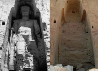 Os Budas de Bamiyan, no Afeganistão, foram destruídos pelo Talibã há 20 anos. Foto: Reprodução The Art Newspaper