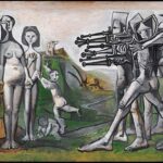 Foto horizontal, colorida. Obra MASSACRE NA COREIA de Pablo Picasso, exposta em Picasso dividido