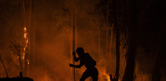 Indígena do povo Guarani, caminha em meio a floresta durante a noite, para combater o incêndio próximo a Aldeia Tekoa Itakupe na Terra Indígena Jaraguá, na zono oeste de São Paulo capital, 2020. Foto: Felipe Beltrame.