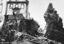 Restos de observatório e de igreja, fruto da demolição da demolição do Morro do Castelo, Rio de Janeiro, RJ (1922), em "Moderna pelo avesso". Foto: Augusto Malta/Acervo Instituto Moreira Salles/Coleção Gilberto Ferrez