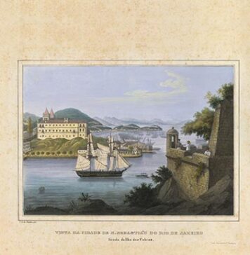 Litografia da vista de S. Sebastião do Rio de Janeiro, tirada das Ilha das Cobras, Alemanha, séc. 19. Crédito: Fundação