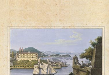 Litografia da vista de S. Sebastião do Rio de Janeiro, tirada das Ilha das Cobras, Alemanha, séc. 19. Crédito: Fundação